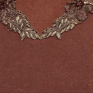 TOP Cache brown cotton tank top beaded appliqué